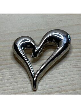 Vintage Silver Open Heart Brooch Pin Minimalist Mod Sculptural 70s 80s Love